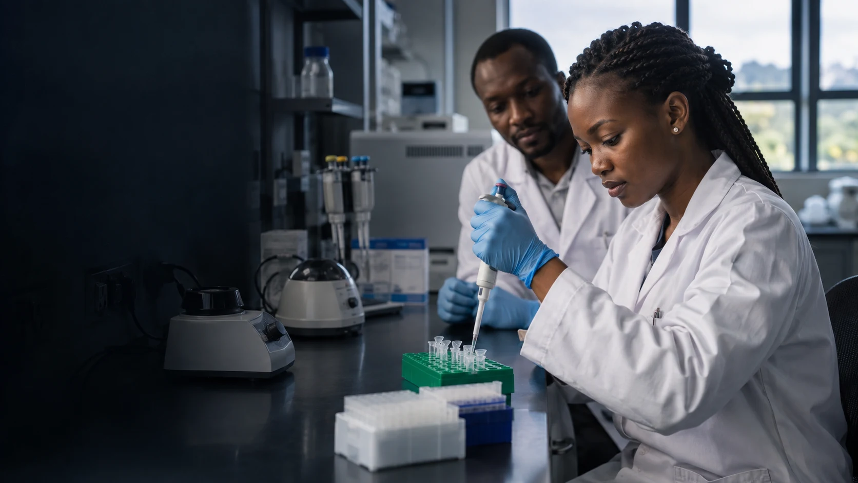 Illustrative scene of two laboratory scientists working with samples